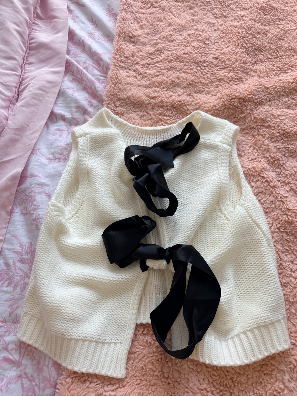 Ivory Knit Vest with Black Ribbon Bows